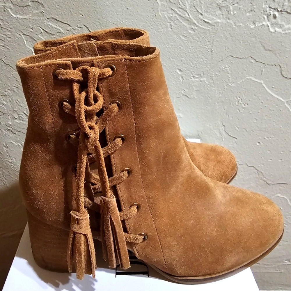 Matisse Corset Brown Leather Boho Ankle Boots Block Heel Tassel Size 6